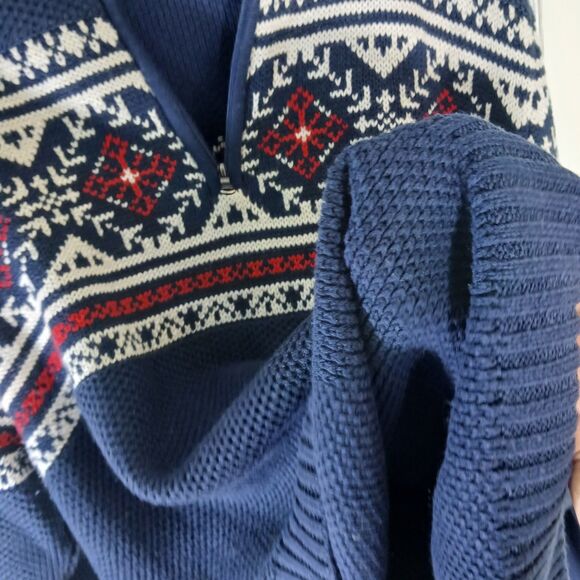 IZOD Sweater Men L 1/4 Zip Fair Isle Nordic Pullover Ski Navy Blue Preppy Chunky - Picture 14 of 16